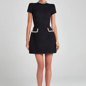 NADINE MERABI Black Tweed Mini Dress with Pearl Trim